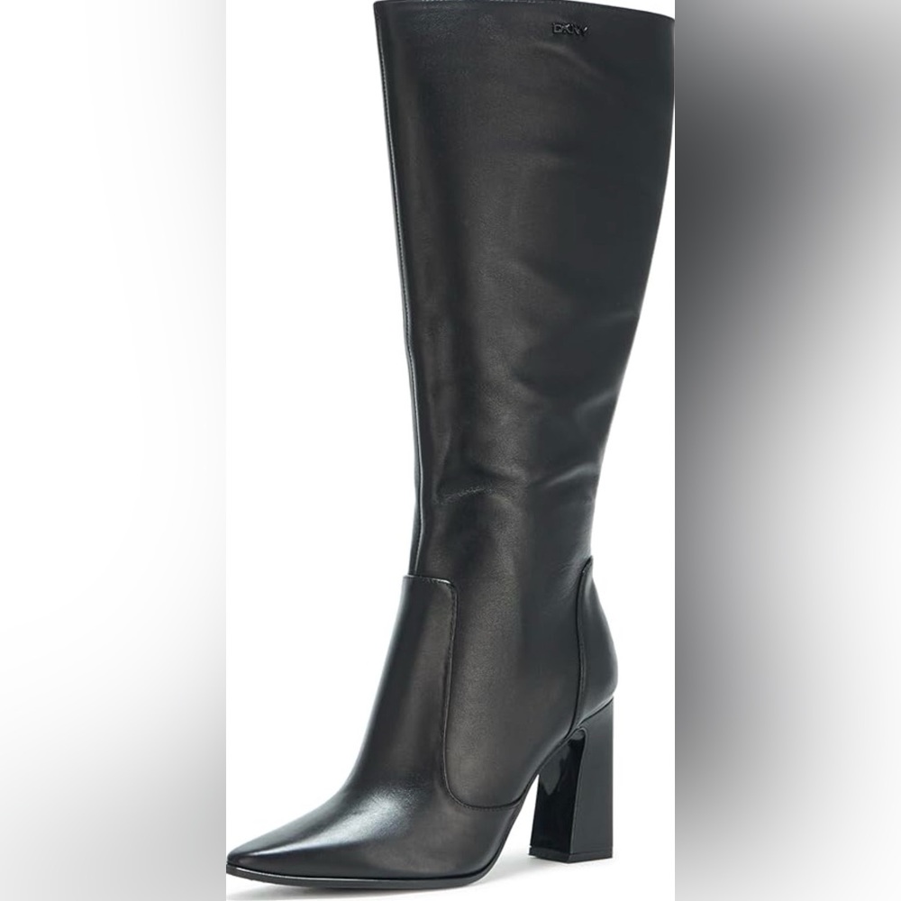 NIB DKNY Soryn Black Leather Tall Boots - Pointed Toe, Block Heel